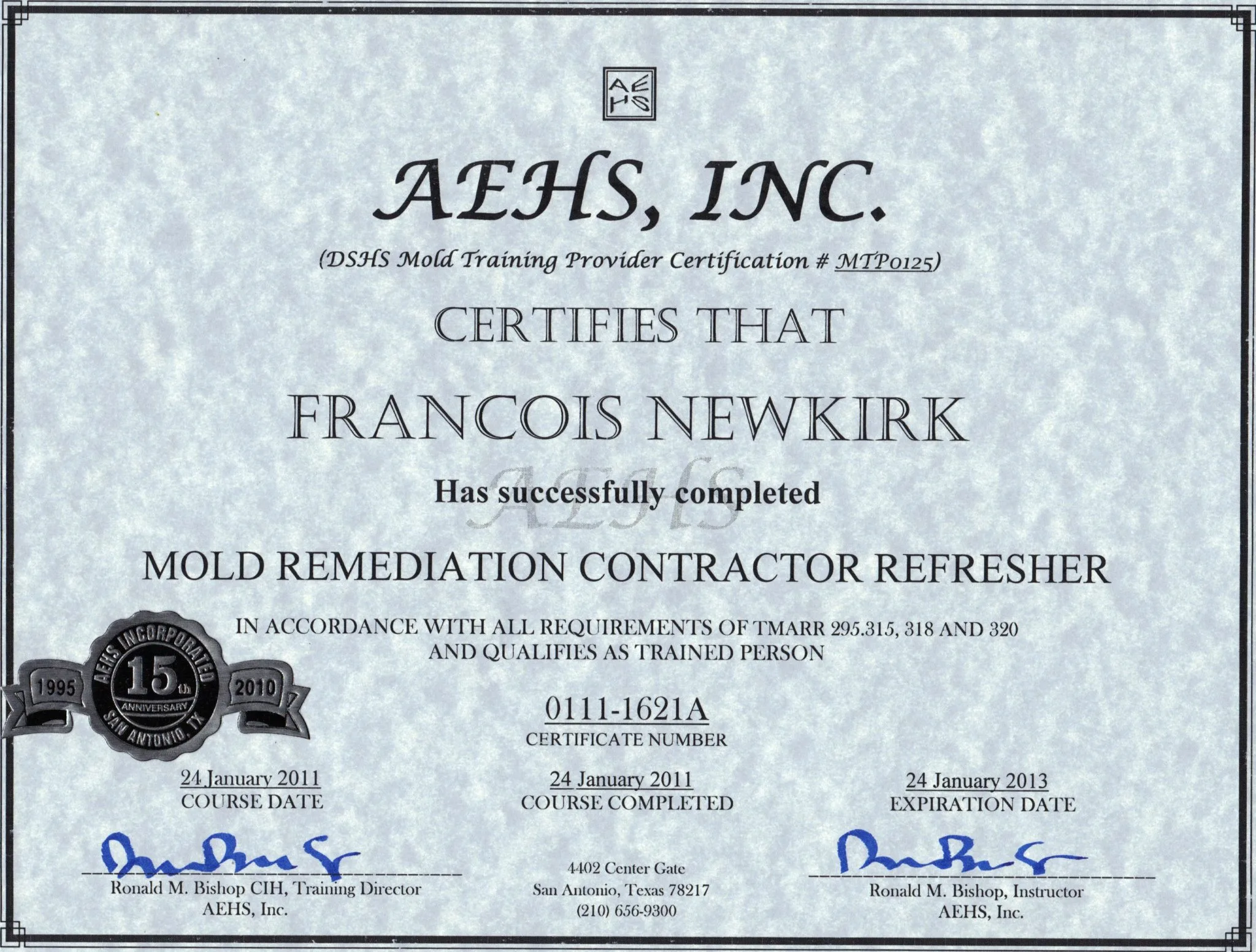 AEHS Certificate - Francois Newkirk - Texas Dry Out and Restoration