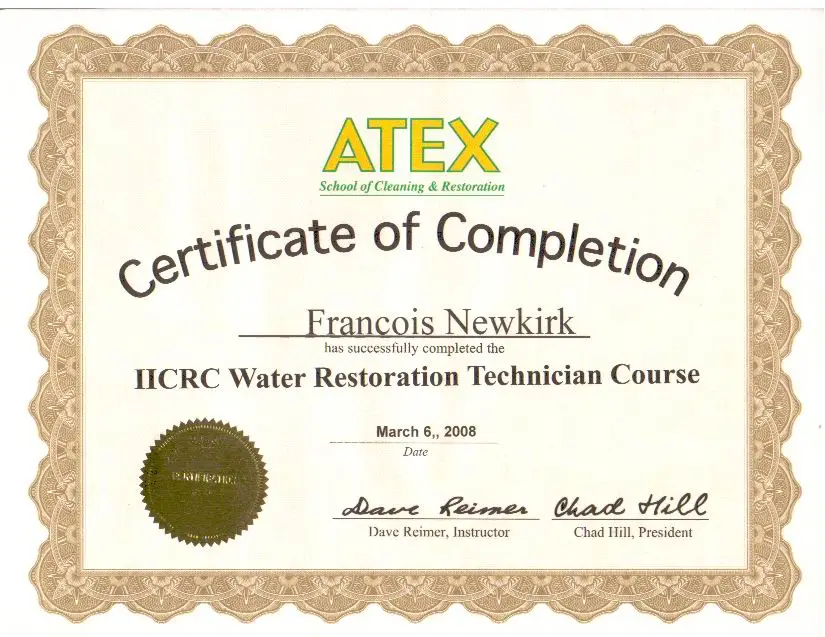 ATEX Certificate - Francois Newkirk - Texas Dry Out and Restoration