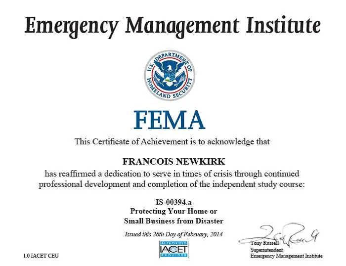 FEMA Certificate - Francois Newkirk - Texas Dry Out and Restoration
