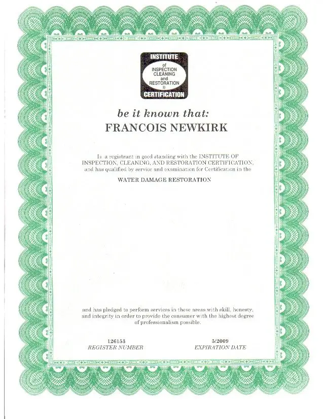IICRC Certificate - Francois Newkirk - Texas Dry Out and Restoration