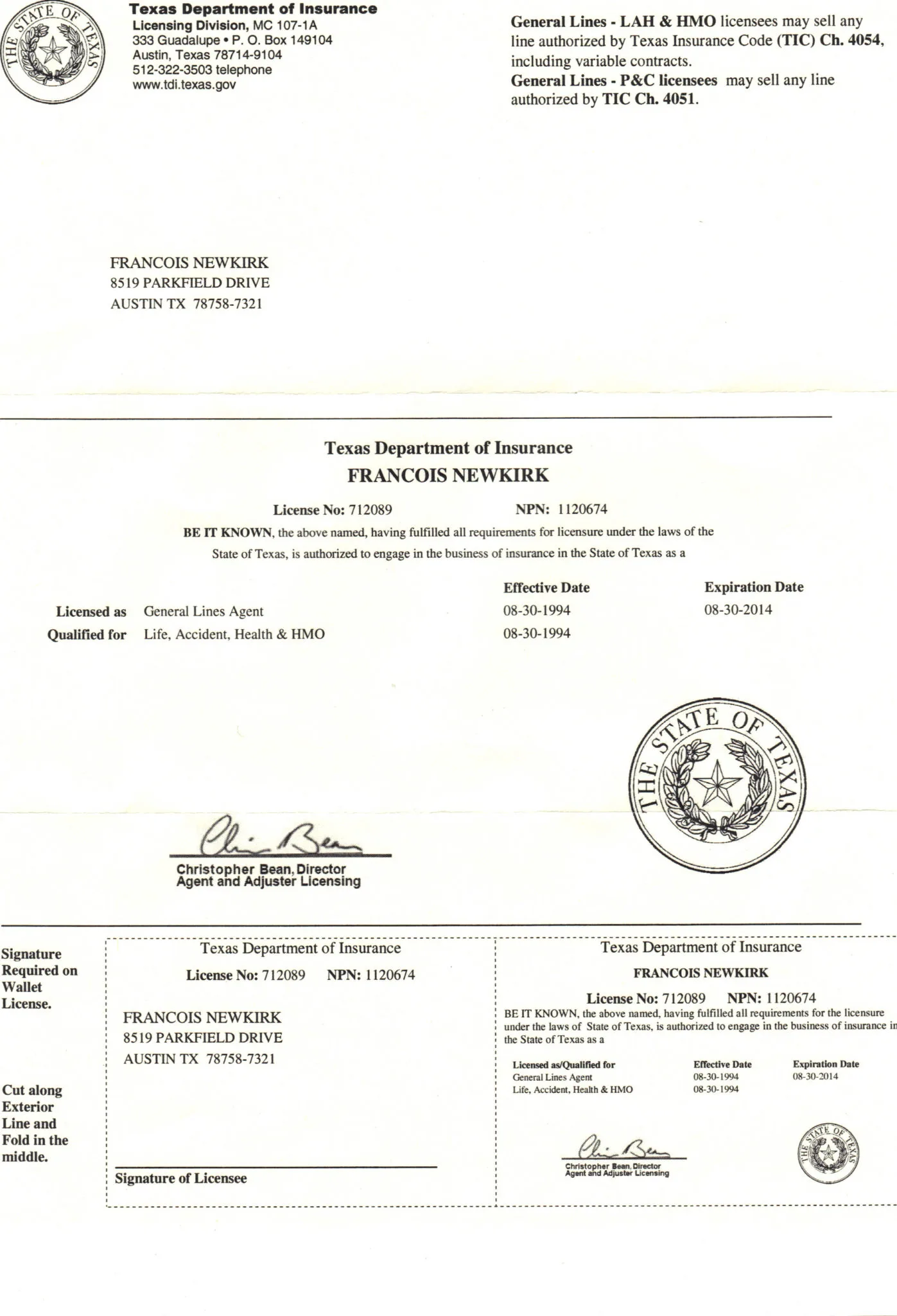 Texas Department of Insurance Certificate - Francois Newkirk - Texas Dry Out and Restoration